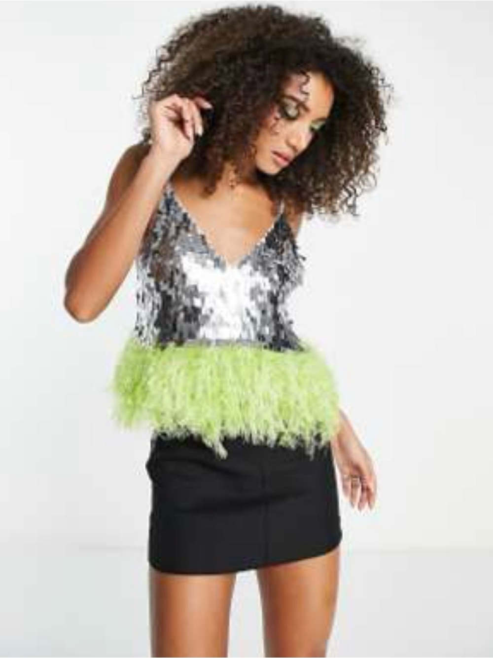 ASOS DESIGN Sequin & Fringe Faux Feather Hem Embellished Cami Silver Lime Green